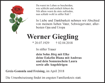 Traueranzeige von Werner Giegling von Ostthüringer Zeitung