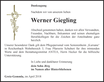 Traueranzeige von Werner Giegling von Ostthüringer Zeitung