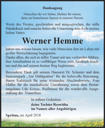 Traueranzeige von Werner Hemme von Thüringer Allgemeine