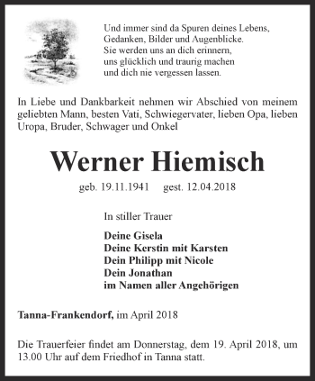 Traueranzeige von Werner Hiemisch von Ostthüringer Zeitung
