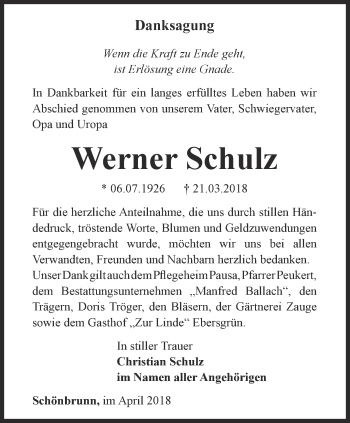 Traueranzeige von Werner Schulz von Ostthüringer Zeitung