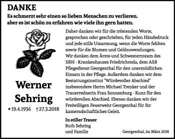 Traueranzeige von Werner Sehring von Ostthüringer Zeitung, Thüringische Landeszeitung