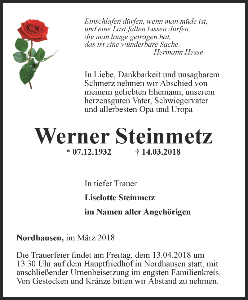 Traueranzeigen von Werner Steinmetz trauerinthueringen.de