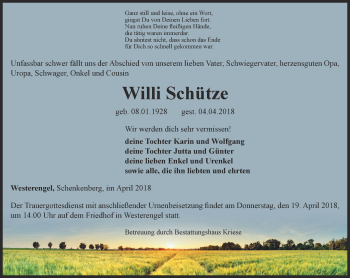 Traueranzeige von Willi Schütze von Thüringer Allgemeine