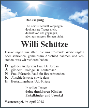 Traueranzeige von Willi Schütze von Thüringer Allgemeine