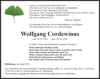 Traueranzeige von Wolfgang Cordewinus von Thüringer Allgemeine, Thüringische Landeszeitung