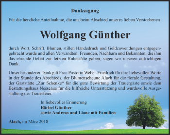 Traueranzeige von Wolfgang Günther von Thüringer Allgemeine, Thüringische Landeszeitung