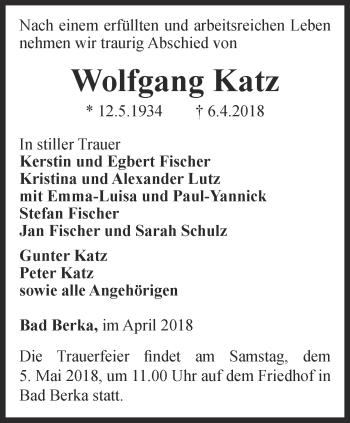 Traueranzeige von Wolfgang Katz von Thüringer Allgemeine, Thüringische Landeszeitung