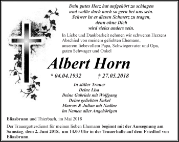 Traueranzeige von Albert Horn von Ostthüringer Zeitung