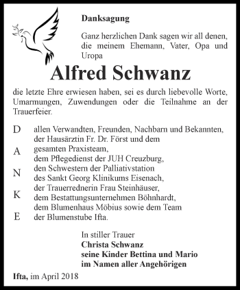 Traueranzeige von Alfred Schwanz von Thüringer Allgemeine, Thüringische Landeszeitung