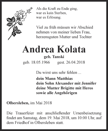 Traueranzeige von Andrea Kolata von Thüringer Allgemeine