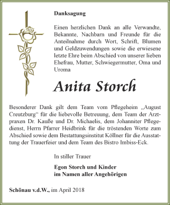 Traueranzeige von Anita Storch von Ostthüringer Zeitung, Thüringische Landeszeitung