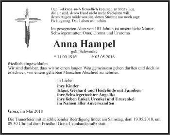Traueranzeige von Anna Hampel