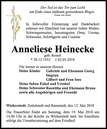 Traueranzeige von Anneliese Heinecke von Thüringer Allgemeine, Thüringische Landeszeitung