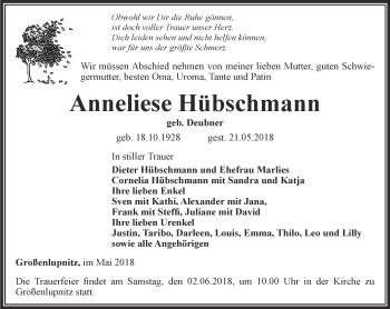 Traueranzeige von Anneliese Hübschmann von Thüringer Allgemeine, Thüringische Landeszeitung
