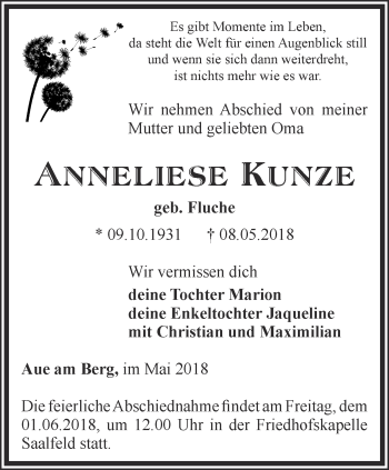 Traueranzeige von Anneliese Kunze von Ostthüringer Zeitung