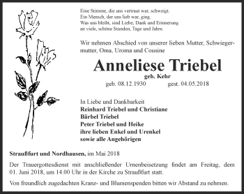 Traueranzeige von Anneliese Triebel von Thüringer Allgemeine