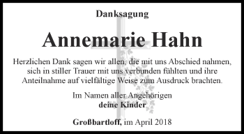 Traueranzeige von Annemarie Hahn von Thüringer Allgemeine