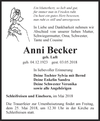 Traueranzeige von Anni Becker von Ostthüringer Zeitung