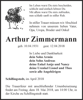 Traueranzeige von Arthur Zimmermann von Thüringer Allgemeine