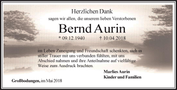 Traueranzeige von Bernd Aurin von Thüringer Allgemeine