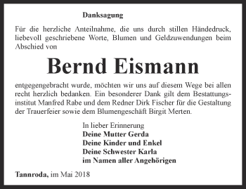 Traueranzeige von Bernd Eismann von Thüringer Allgemeine, Thüringische Landeszeitung