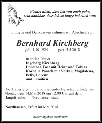 Traueranzeige von Bernhard Kirchberg von Thüringer Allgemeine