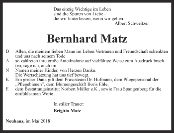 Traueranzeige von Bernhard Matz von Ostthüringer Zeitung