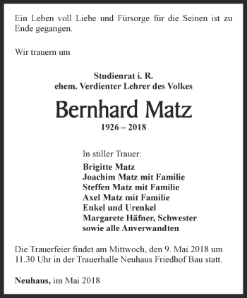 Traueranzeige von Bernhard Matz von Ostthüringer Zeitung