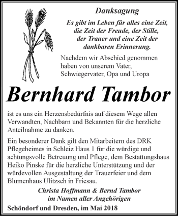 Traueranzeige von Bernhard Tambor von Ostthüringer Zeitung