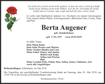 Traueranzeige von Berta Augener von Thüringer Allgemeine, Thüringische Landeszeitung