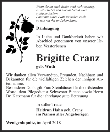 Traueranzeige von Brigitte Cranz von Thüringer Allgemeine, Thüringische Landeszeitung