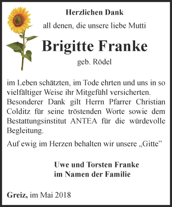 Traueranzeige von Brigitte Franke von Ostthüringer Zeitung
