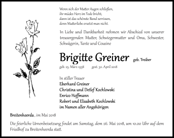 Traueranzeige von Brigitte Greiner von Ostthüringer Zeitung