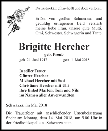 Traueranzeige von Brigitte Hercher von Ostthüringer Zeitung