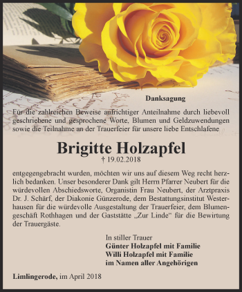 Traueranzeige von Brigitte Holzapfel von Thüringer Allgemeine