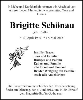 Traueranzeige von Brigitte Schönau von Ostthüringer Zeitung, Thüringische Landeszeitung