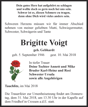 Traueranzeige von Brigitte Voigt von Ostthüringer Zeitung