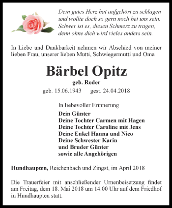 Traueranzeige von Bärbel Opitz von Ostthüringer Zeitung