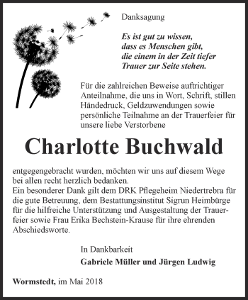 Traueranzeige von Charlotte Buchwald von Thüringer Allgemeine, Thüringische Landeszeitung