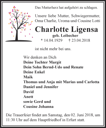 Traueranzeige von Charlotte Ligensa von Thüringer Allgemeine, Thüringische Landeszeitung