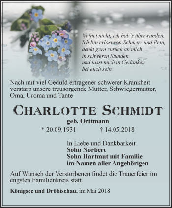 Traueranzeige von Charlotte Schmidt von Ostthüringer Zeitung
