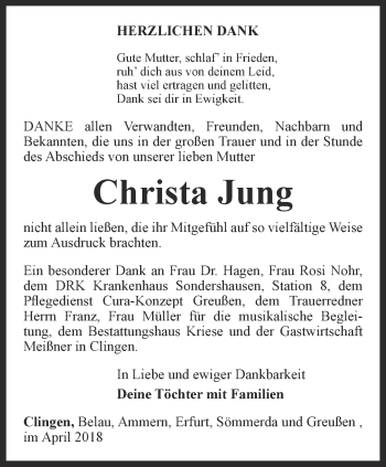 Traueranzeige von Christa Jung von Thüringer Allgemeine