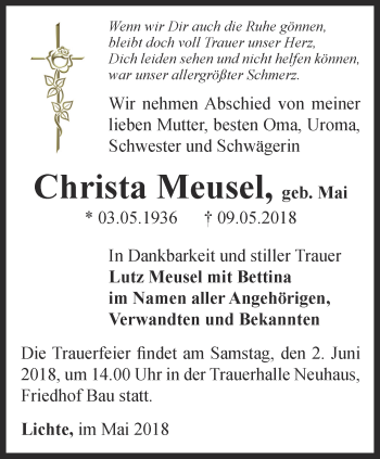 Traueranzeige von Christa Meusel von Ostthüringer Zeitung