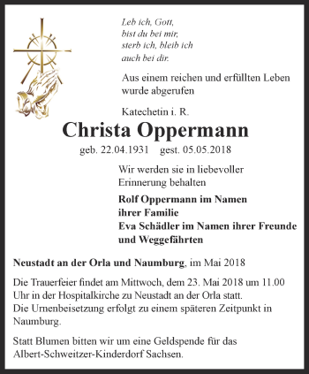 Traueranzeige von Christa Oppermann