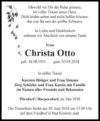 Traueranzeige von Christa Otto von Ostthüringer Zeitung