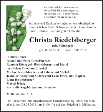 Traueranzeige von Christa Riedelsberger von Thüringer Allgemeine, Thüringische Landeszeitung