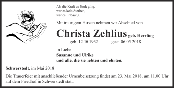 Traueranzeige von Christa Zehlius von Thüringer Allgemeine