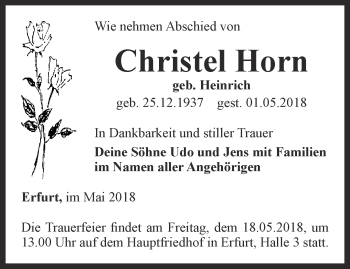 Traueranzeige von Christel Horn von Thüringer Allgemeine, Thüringische Landeszeitung