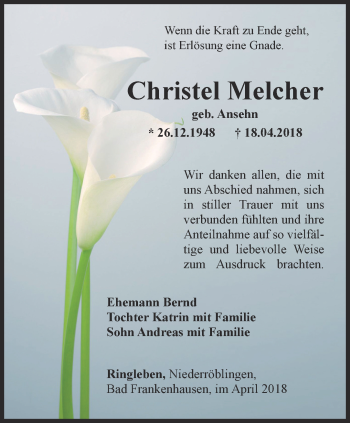 Traueranzeige von Christel Melcher von Thüringer Allgemeine